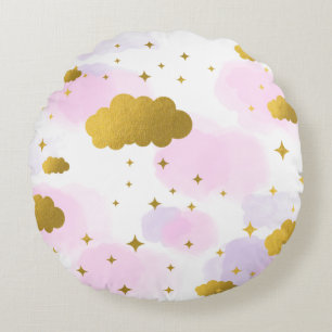 Almofada Redonda Nuvens de Aquarela Rosa Douradas Estrelas Céu