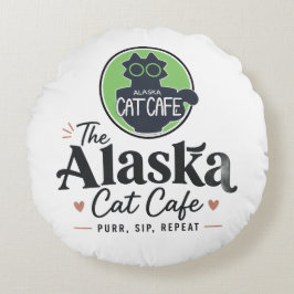 Almofada Redonda O Cat Cafe do Alasca “Ronronar, Beber, Repetir”