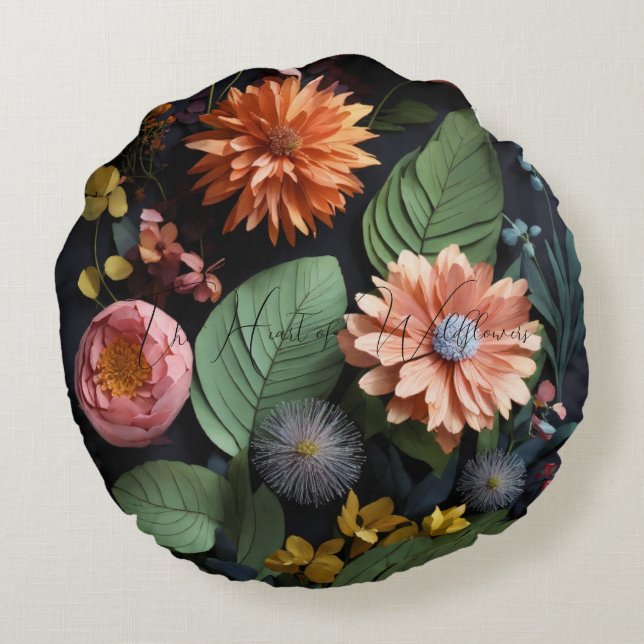 Almofada Redonda O Coração de Travesseiros redondos de flores selva (Verso)