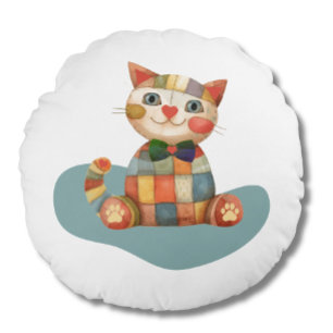 Almofada Redonda O Gato Feliz Colorido Patchwork Único