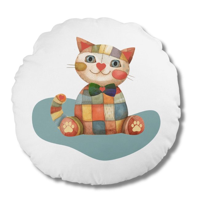 Almofada Redonda O Gato Feliz Colorido Patchwork Único (Criador carregado)