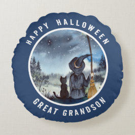 Almofada Redonda O Gato Negro do Halloween e a Bruxa Noite Estrelad