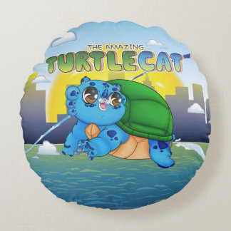 Almofada Redonda O Incrível Turtlecat Sobre a Cidade e a Água