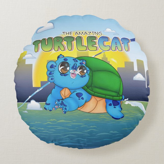 Almofada Redonda O Incrível Turtlecat Sobre a Cidade e a Água (Frente)