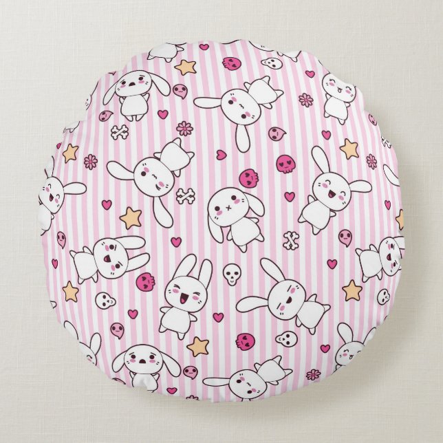 Almofada Redonda o kawaii listra o teste padrão (Frente)