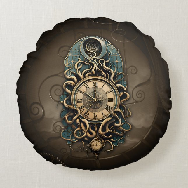Almofada Redonda O misterioso movimento steampunk. (Frente)