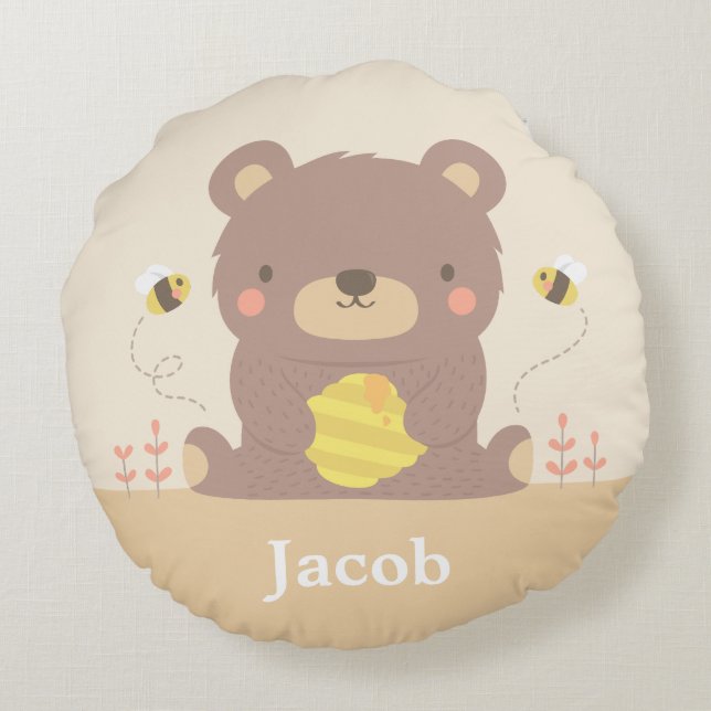 Almofada Redonda O urso do bebê da floresta caçoa o travesseiro (Verso)