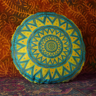 Almofada Redonda Ocre & Turquesa Boêmio Celestial Tribal Étnico
