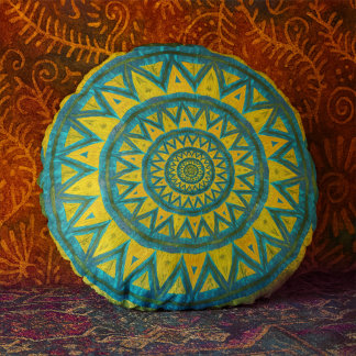 Almofada Redonda Ocre & Turquesa Boêmio Celestial Tribal Étnico