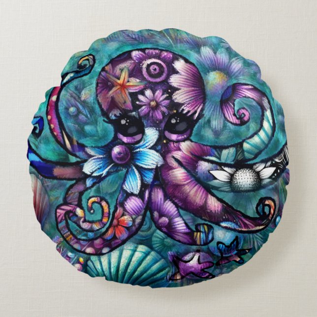 Almofada Redonda Octopus Floral Teal Roxo Azul Costeira (Frente)