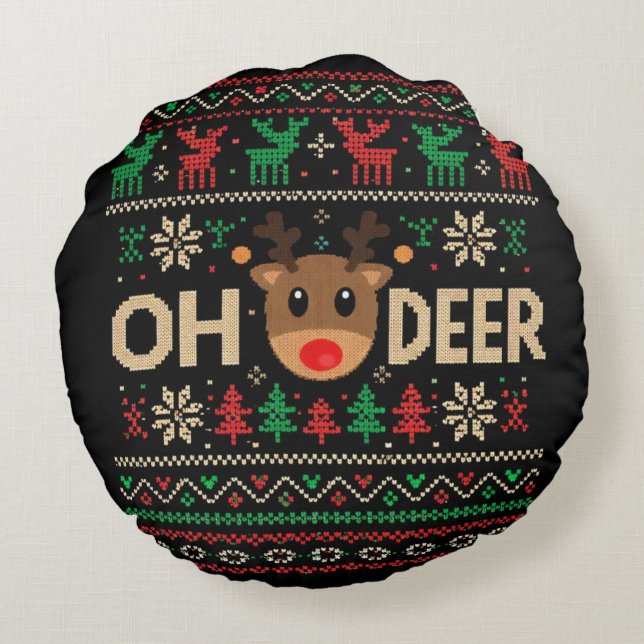 Almofada Redonda Oh Deer Ugly Christmas Sweater Throw Pillow (Verso)