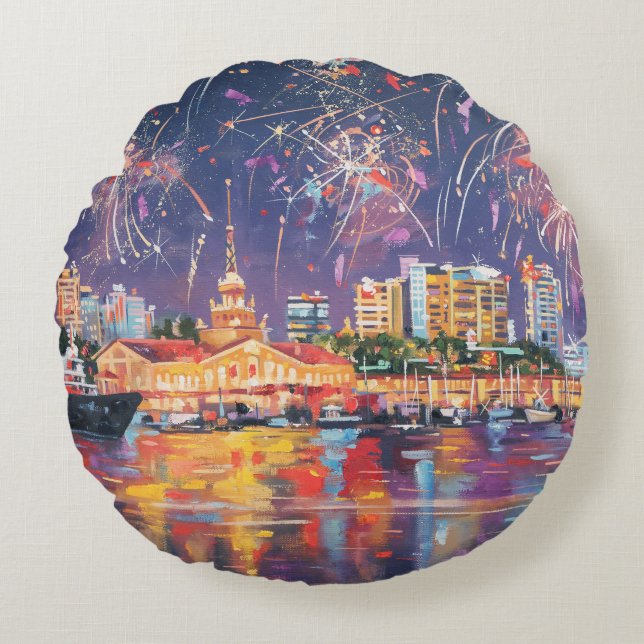 Almofada Redonda Oil painting on the canvas of the seaport of Sochi (Frente)