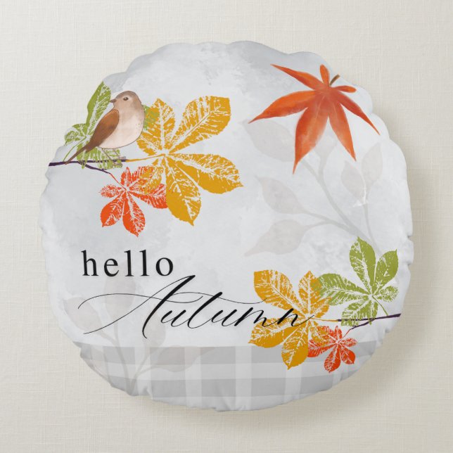 Almofada Redonda Olá outono com aves e folhas de outono (Frente)