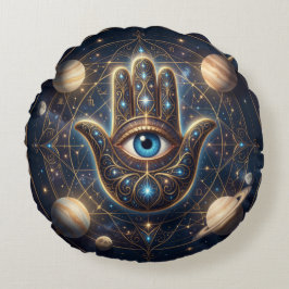 Almofada Redonda Olho Mau Hamsa Celestial Dourado Marinha Cósmica