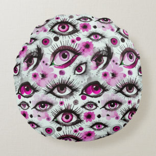 Almofada Redonda Olhos de Vidro e Traços em Aquarela Rosa
