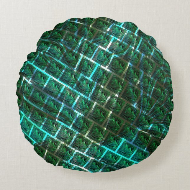 Almofada Redonda "Olhos enquadrados verdes", arranhões e grelha azu (Frente)