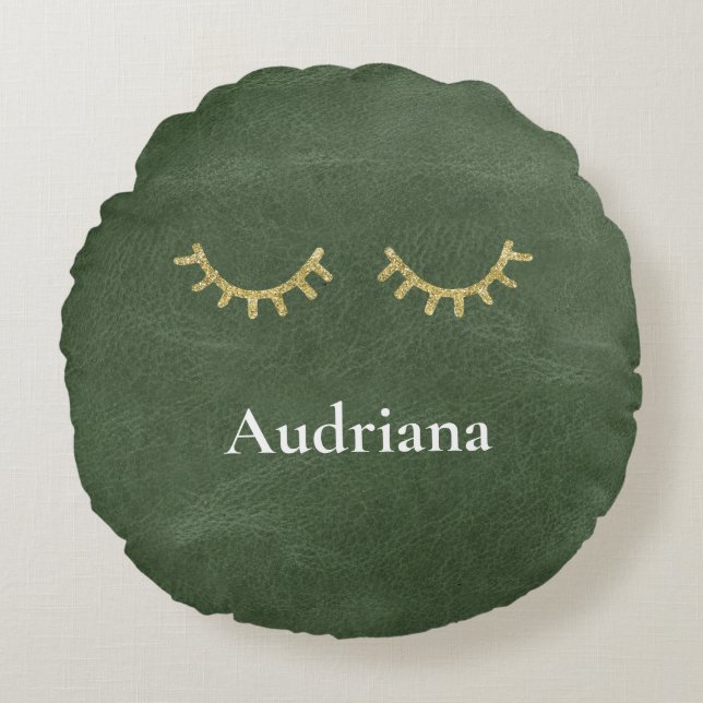 Almofada Redonda Olive Pistachio Green Dourado Glitz Eyelashes (Frente)