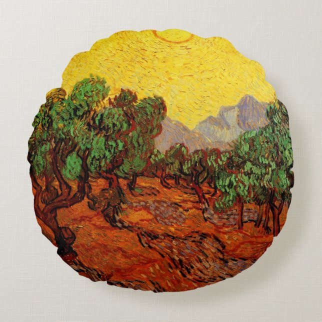 Almofada Redonda Oliveiras de Van Gogh com Céu Amarelo e Sol (Frente)