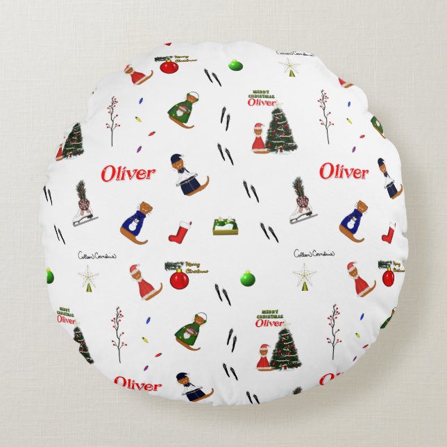 Almofada Redonda Oliver a Lontra Natal Padrão Aleatório (Frente)