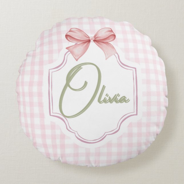 Almofada Redonda Olivia Personalizado Arco Rosa & Gingham Impressão (Frente)
