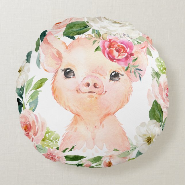 Almofada Redonda Olivia Pigsley Pig com Coroa Floral Rosa Bege (Frente)