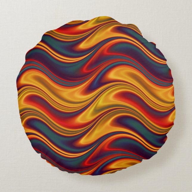 Almofada Redonda Ondas amarelas vermelhas impetuosas do azul (Verso)