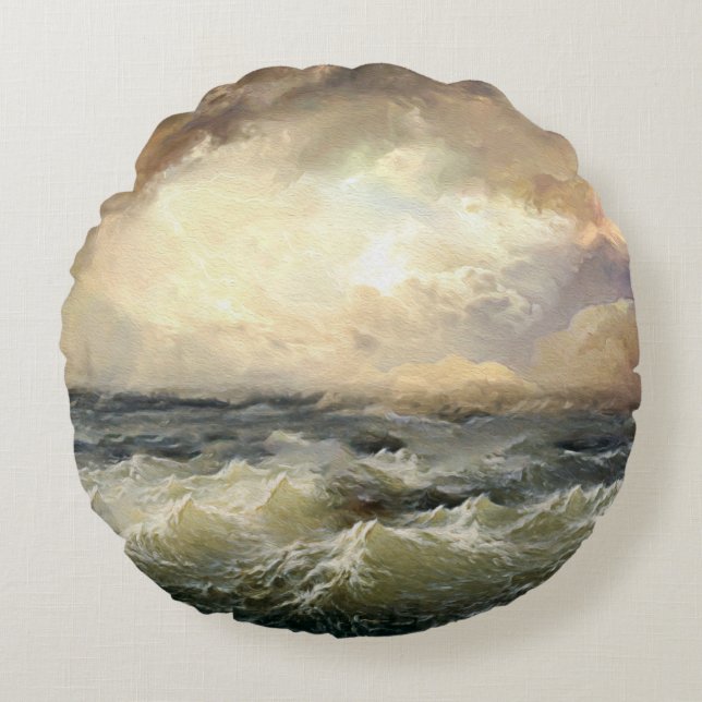 Almofada Redonda Ondas de Tempestade Oceânica (Frente)
