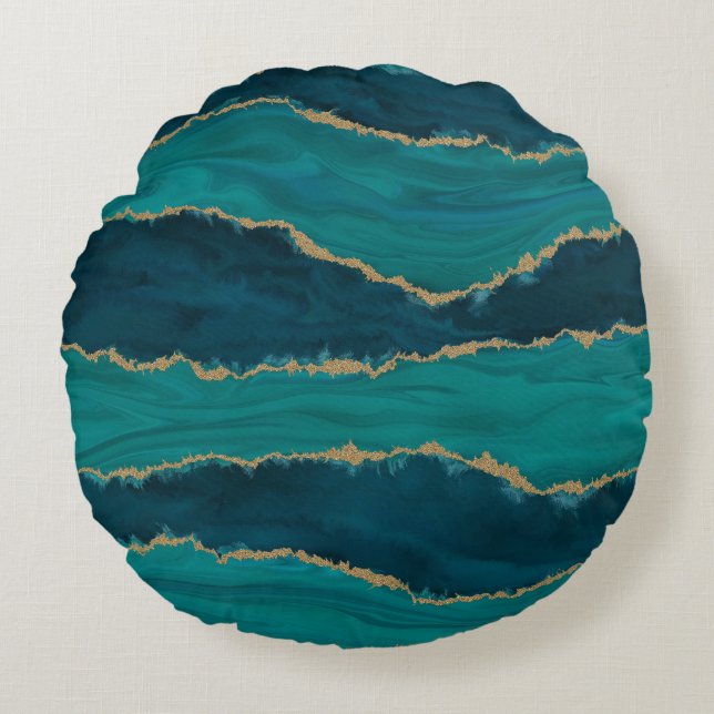 Almofada Redonda Ondas Teal Agate – Mármore Abstrato com Dourado (Frente)