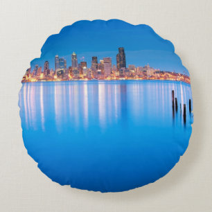 Almofada Redonda Opinião azul da hora de Seattle do centro