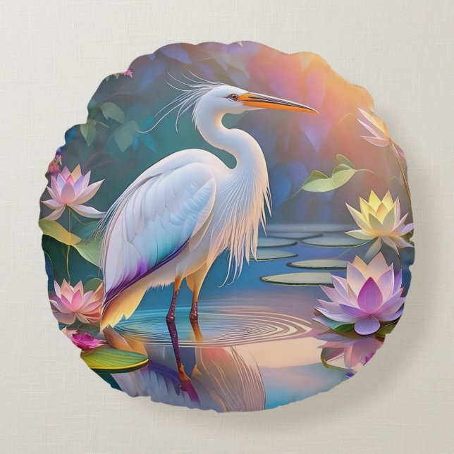 Almofada Redonda Orange Billed White Heron Fantasy Bird (Frente)