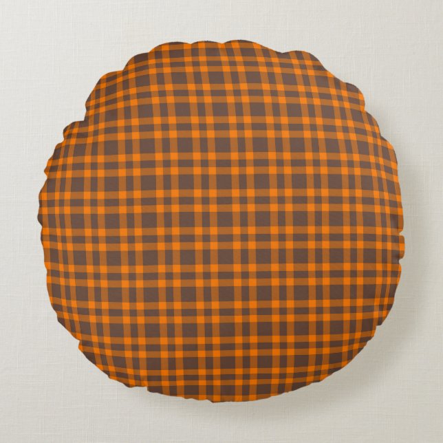 Almofada Redonda Orange Brown Plaid Pattern (Frente)
