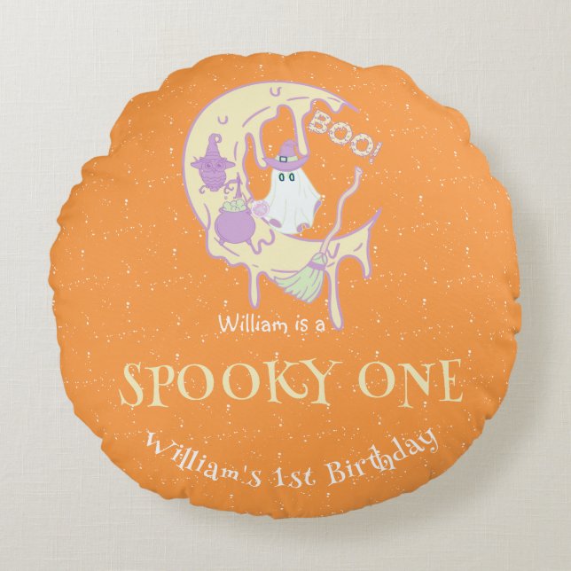 Almofada Redonda Orange Ghost Spooky One Boy Halloween Aniversário (Frente)