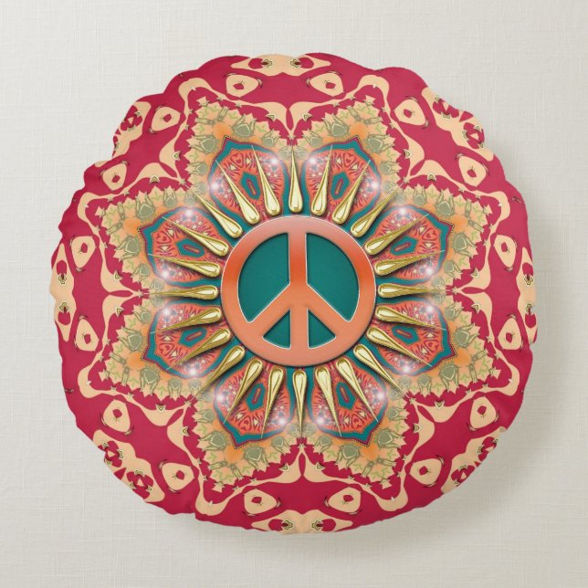 Almofada Redonda Orange Teal Energy Peace Mandala Round Cushion (Frente)