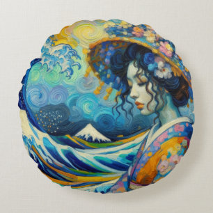 Almofada Redonda Oriental Maiko Geisha Kanagawa ondas Van Gogh mix