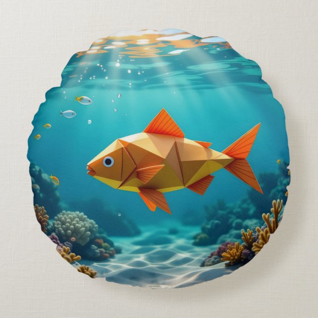Almofada Redonda Origami fish and seahorse ocean (Frente)