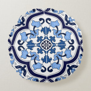 Almofada Redonda Ornamentado Azul Floral Mediterrâneo Azulejo Sicil