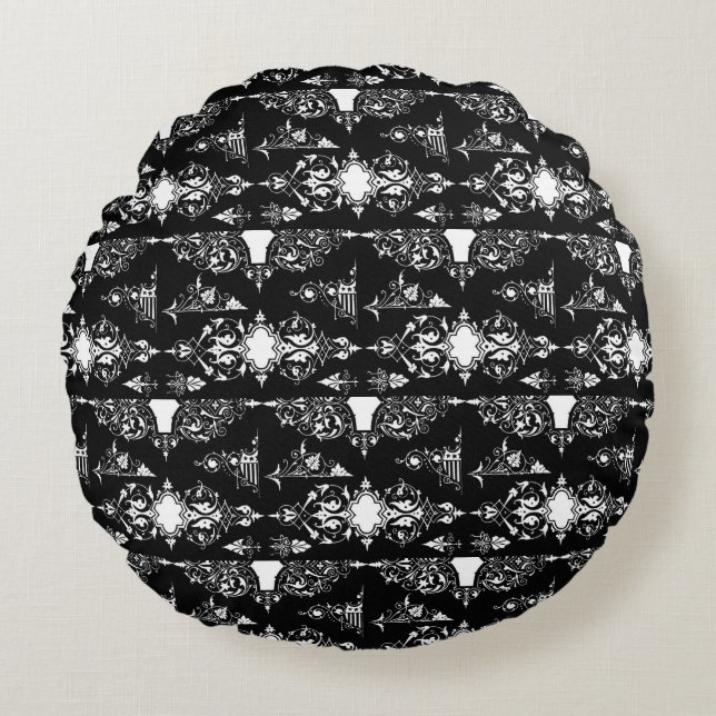Almofada Redonda Ornamentado gótico antigo decor preto (Frente)