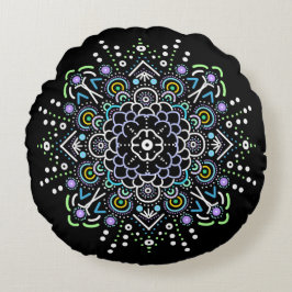 Almofada Redonda Ornamento de Mandala Preto, Roxo e Verde