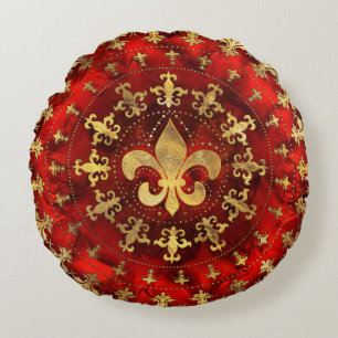 Almofada Redonda Ornamento Fleur-de-lis Marble Vermelho e Dourado