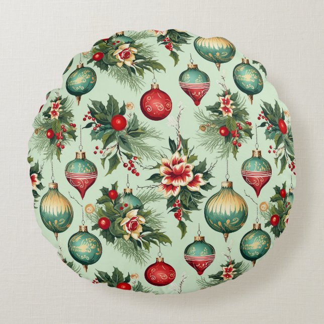 Almofada Redonda Ornamentos e Flores de Férias Retrospectivas (Frente)