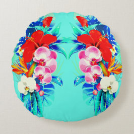 Almofada Redonda Orquídea tropical monstera monstera azul-lacrimejo