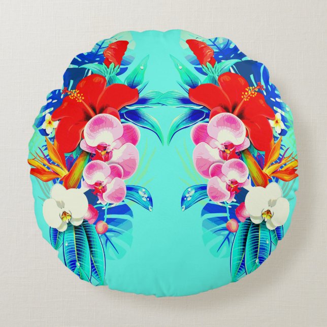 Almofada Redonda Orquídea tropical monstera monstera azul-lacrimejo (Frente)