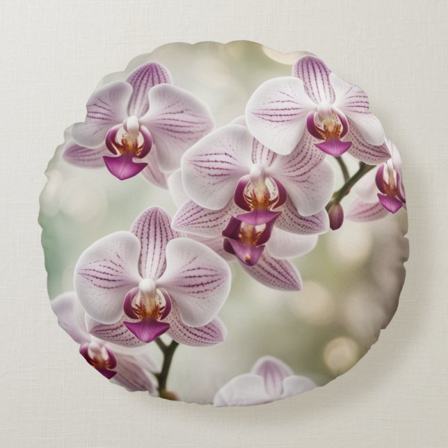 Almofada Redonda Orquídeas em chamas Efeito de Bokein Suave (Frente)