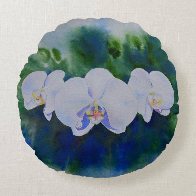 Almofada Redonda Orquídeas tropicais de cor branca Elegante (Frente)