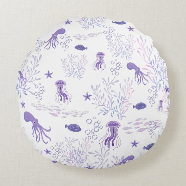 Almofada Redonda Otopus De Peixe-Vara-Vara-Vaca-Púrpura (Frente)