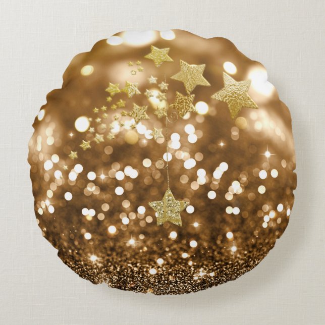 Almofada Redonda Ouro Bokeh Faux Glitter & Stars (Frente)