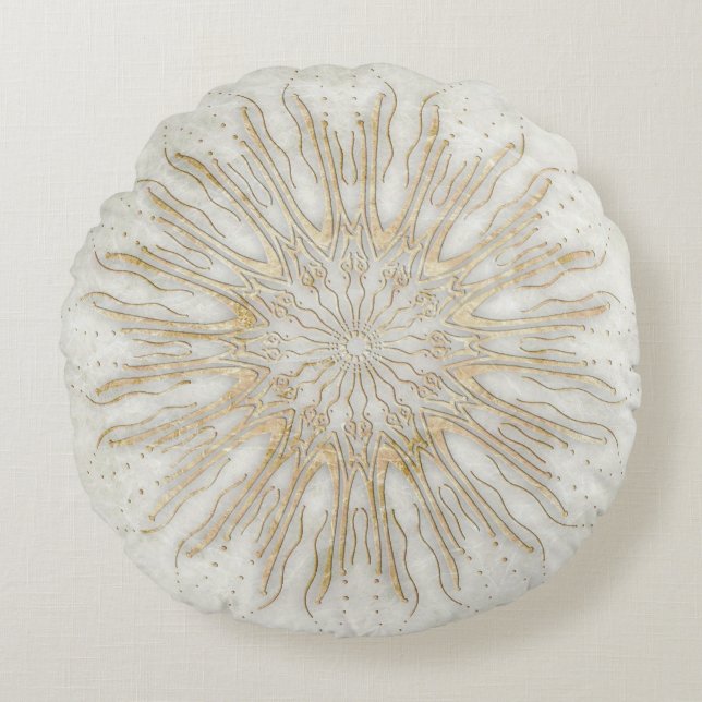 Almofada Redonda Ouro branco de sunburst mandala estilo orgânico (Frente)