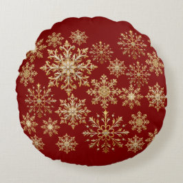 Almofada Redonda Ouro de Natal e Floco de Neve Vermelho 