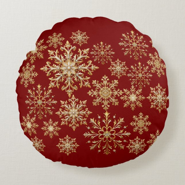 Almofada Redonda Ouro de Natal e Floco de Neve Vermelho  (Frente)