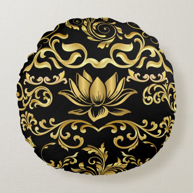 Almofada Redonda Ouro Lotus & floral Pattern 2508 (Frente)